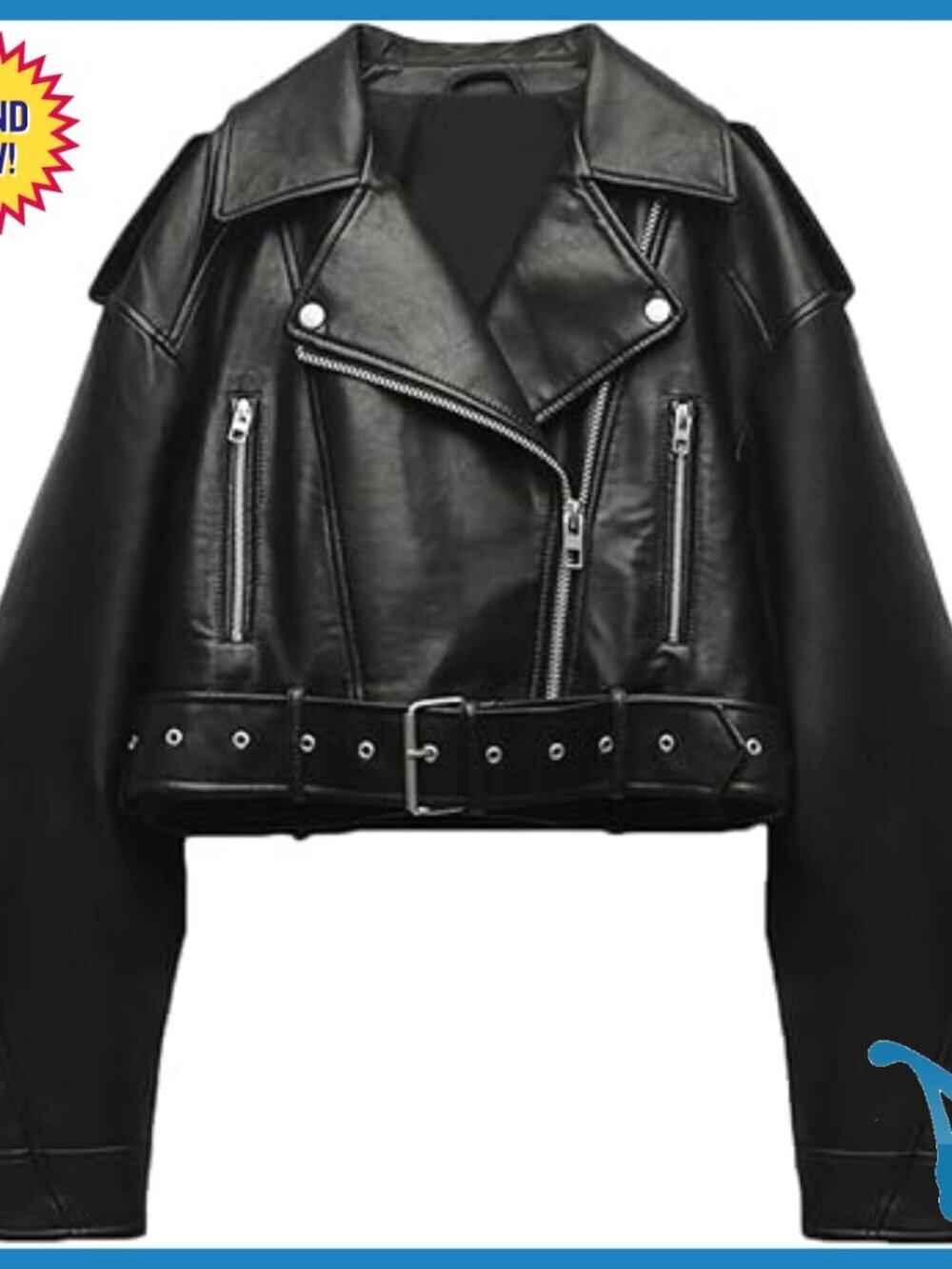 Faux Leather Cropped Biker Jacket with Belt, Zipper Pockets, Oversized Fit